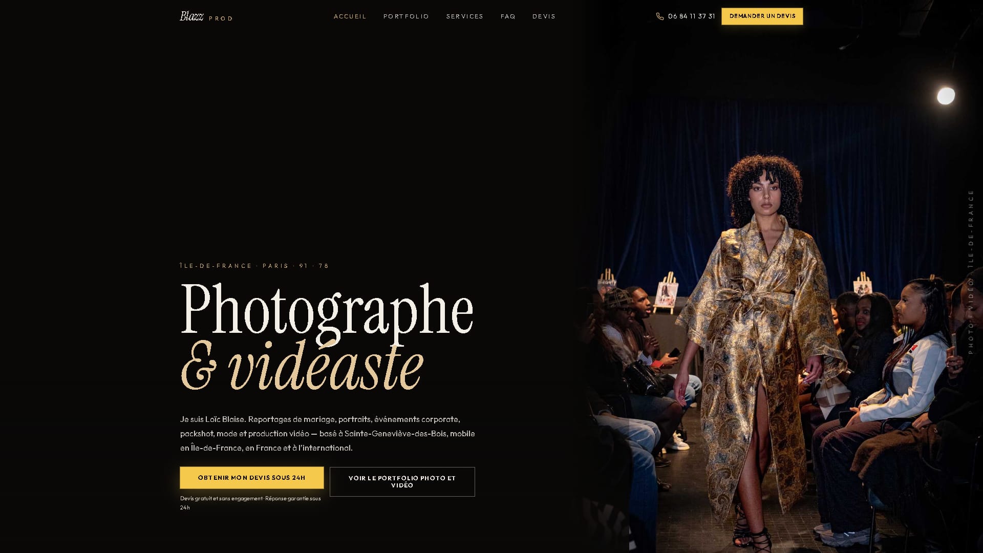 Page d'accueil du site Blazzprod, photographe et vidéaste en Essonne