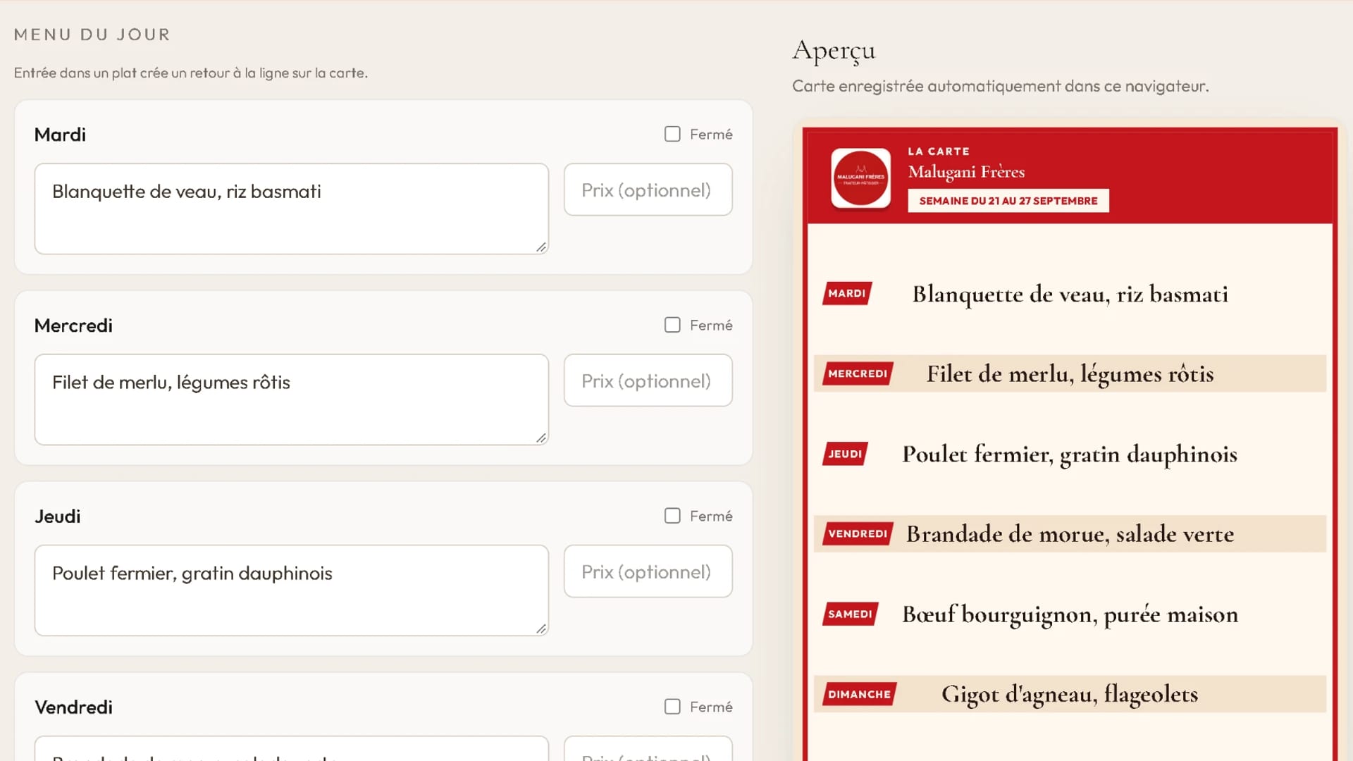 Outil de saisie des menus de la semaine avec l'aperçu de la carte Malugani Frères générée automatiquement